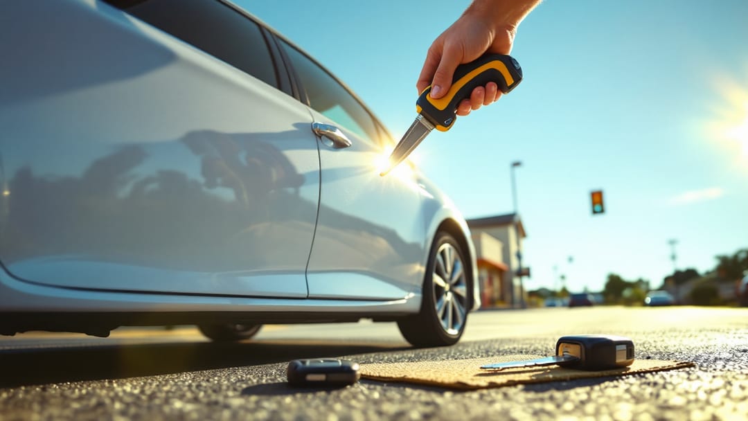 Toyota Camry bajo el calor intenso de una tarde de verano en Haltom City mientras un cerrajero abre la puerta con herramienta de apertura