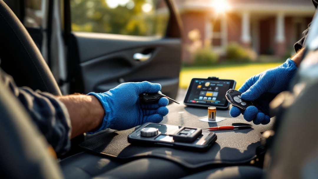 Key fob de Chevrolet Equinox abierto junto a una batería nueva y herramientas de cerrajero sobre el asiento, en una mañana clara en Haltom City