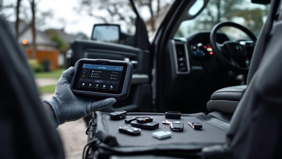 Cerrajero programando un key fob de RAM 1500 en una mañana nublada en Haltom City, con programador conectado al puerto OBD