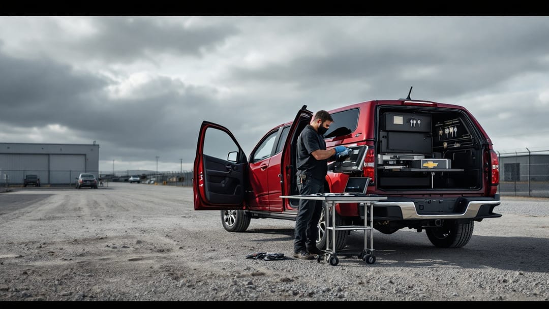 Cerrajero cortando y programando una llave de Chevrolet Colorado bajo un cielo nublado en Haltom City, Texas