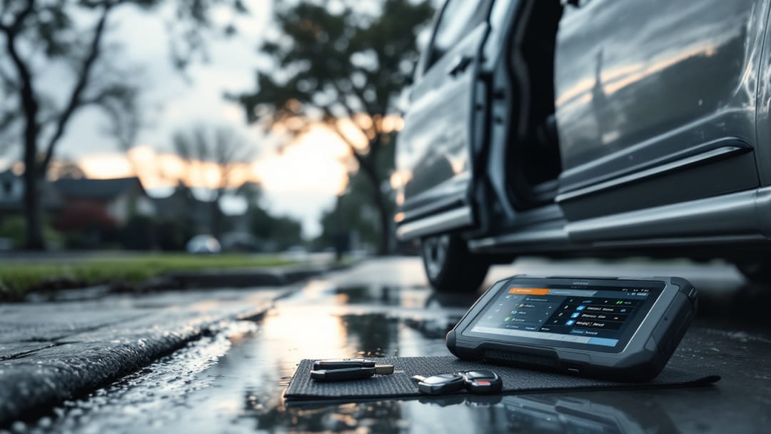 Programación del key fob de una Chrysler Pacifica en una calle residencial de Haltom City al mediodía nublado después de la lluvia