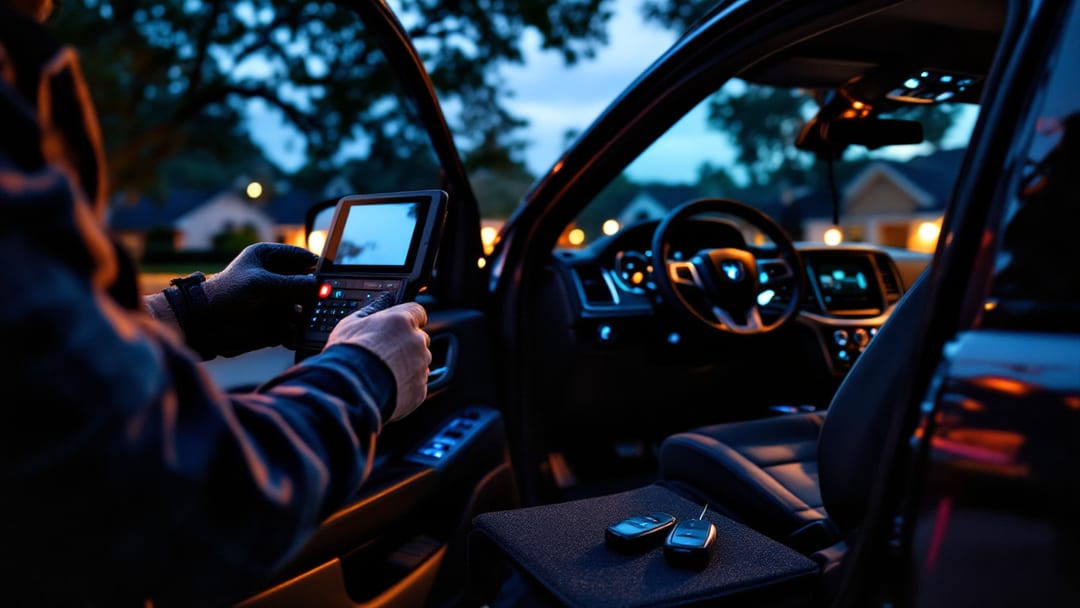 Smart key nueva de Dodge Durango siendo programada al anochecer en una entrada residencial de Haltom City, Texas