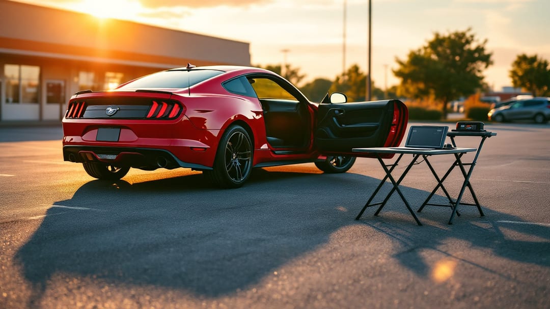 Corte y programación de una llave de Ford Mustang en un estacionamiento de Haltom City durante la hora dorada de una tarde de verano