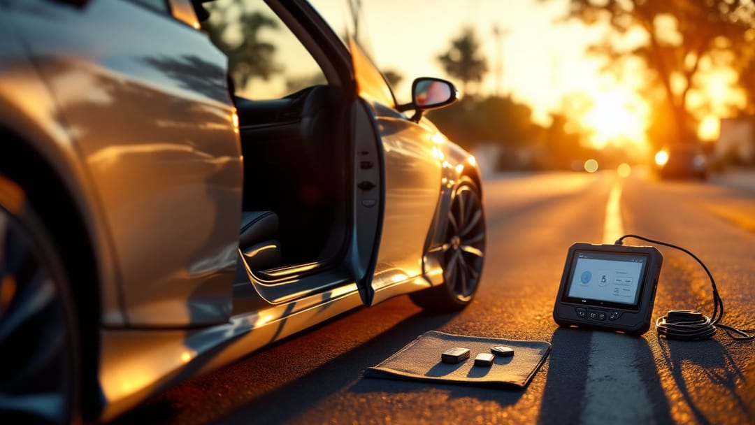 Cerrajero programando una llave nueva para un Honda Accord estacionado en una calle residencial de Haltom City al atardecer