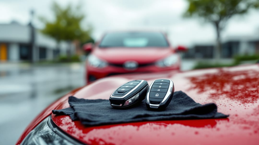 Hatchback deportivo compacto en un estacionamiento de Haltom City con dos llaves inteligentes sobre el cofre