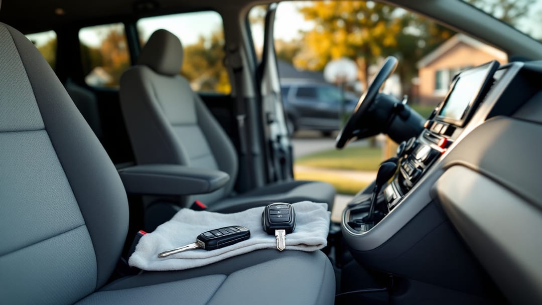 Minivan familiar estacionada en la entrada de una casa de Haltom City con dos llaves nuevas y equipo de programación sobre el asiento