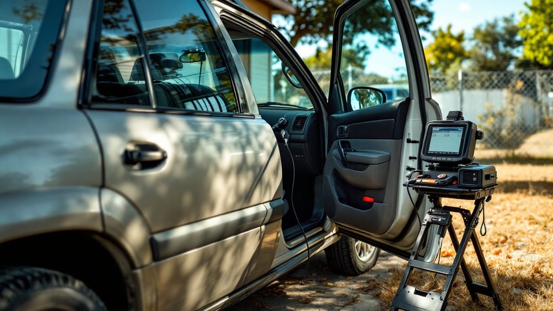 SUV compacto de los años dos mil con equipo de programación conectado al puerto de diagnóstico en Haltom City