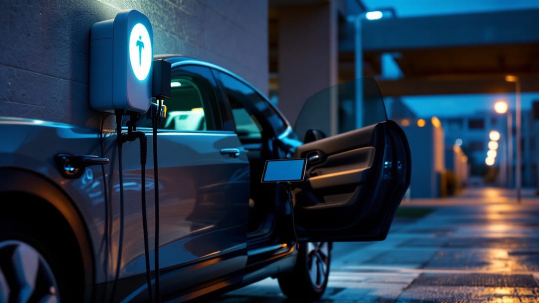 SUV eléctrica conectada a un cargador en Haltom City mientras un equipo de diagnóstico trabaja en el puerto bajo el tablero