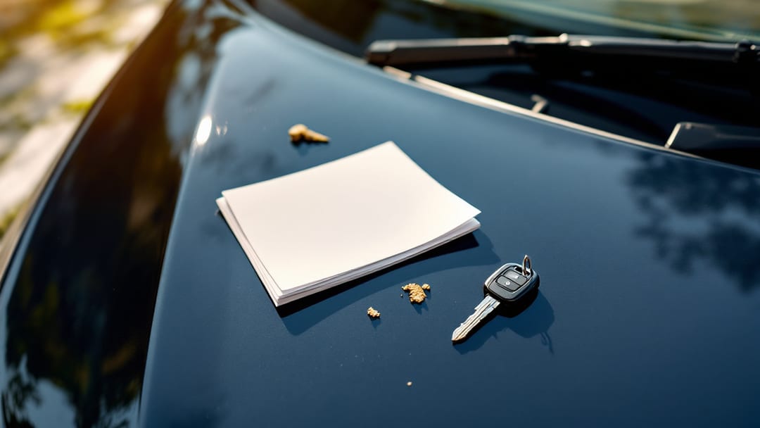 Documentos de propiedad de vehículo y una llave nueva sobre el cofre de un carro en Haltom City