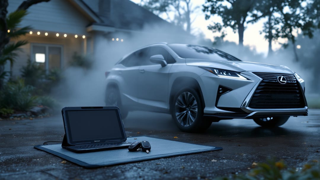 Programación de una smart key de Lexus RX en una entrada residencial de Haltom City en una mañana con neblina