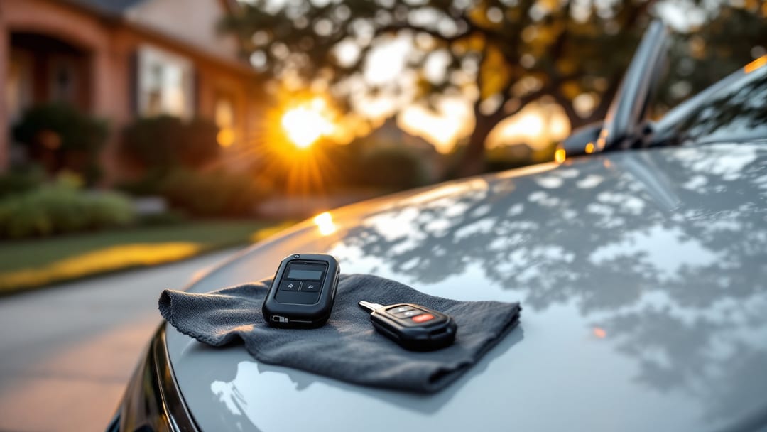 SUV compacta moderna en una entrada residencial de Haltom City con equipo de programación conectado al puerto de diagnóstico