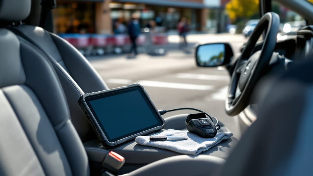 SUV compacta en el estacionamiento de un centro comercial de Haltom City con equipo de programación y una llave inteligente nueva
